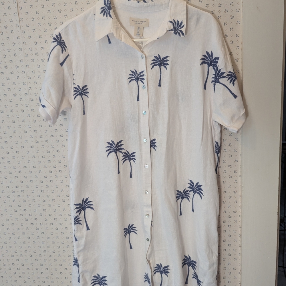 NWT Calypso St Barth L White Linen Shirt Dress  Palm Tree Print Resort Beach